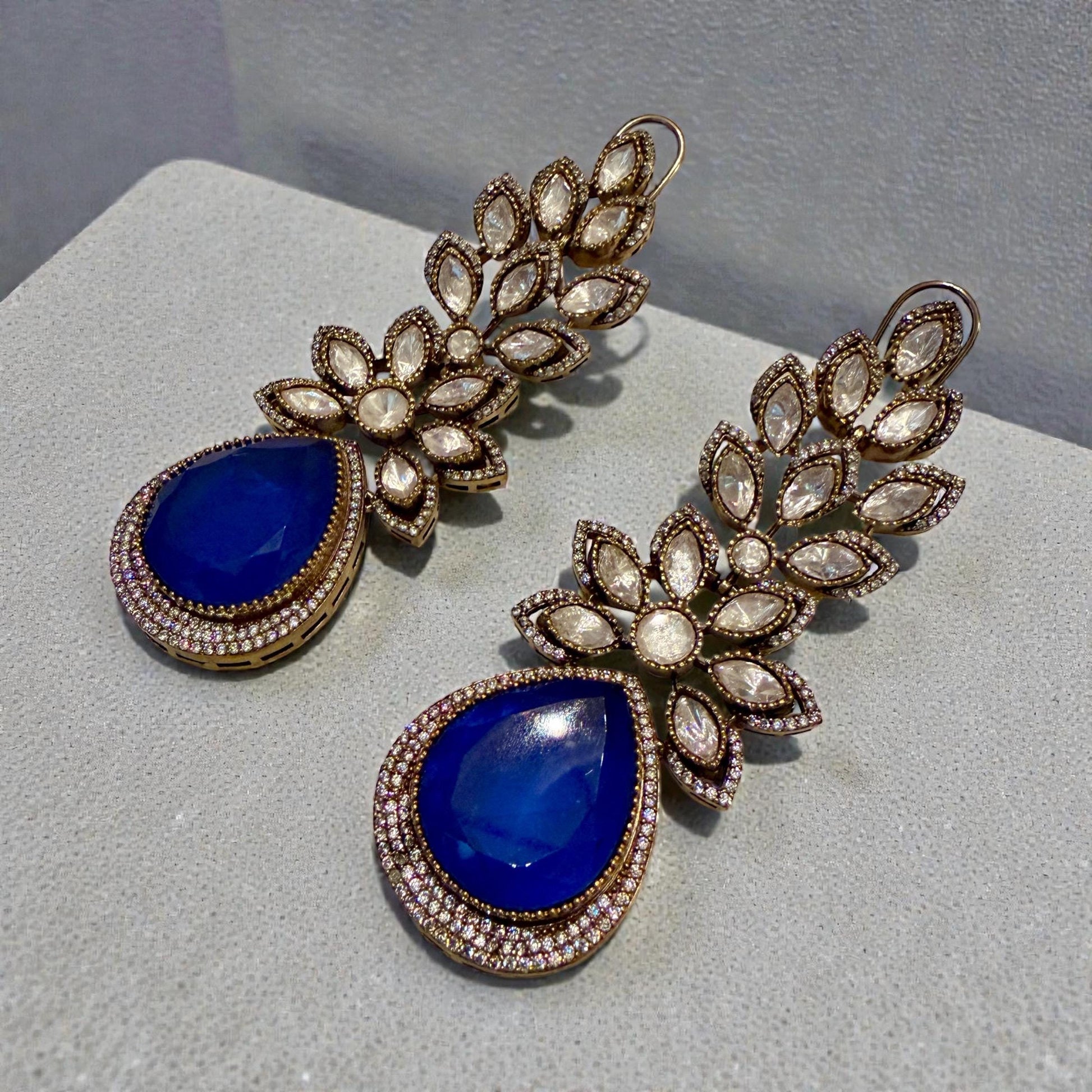 Royal Blue Teardrop Earrings | Gold Floral Statement Jewelry