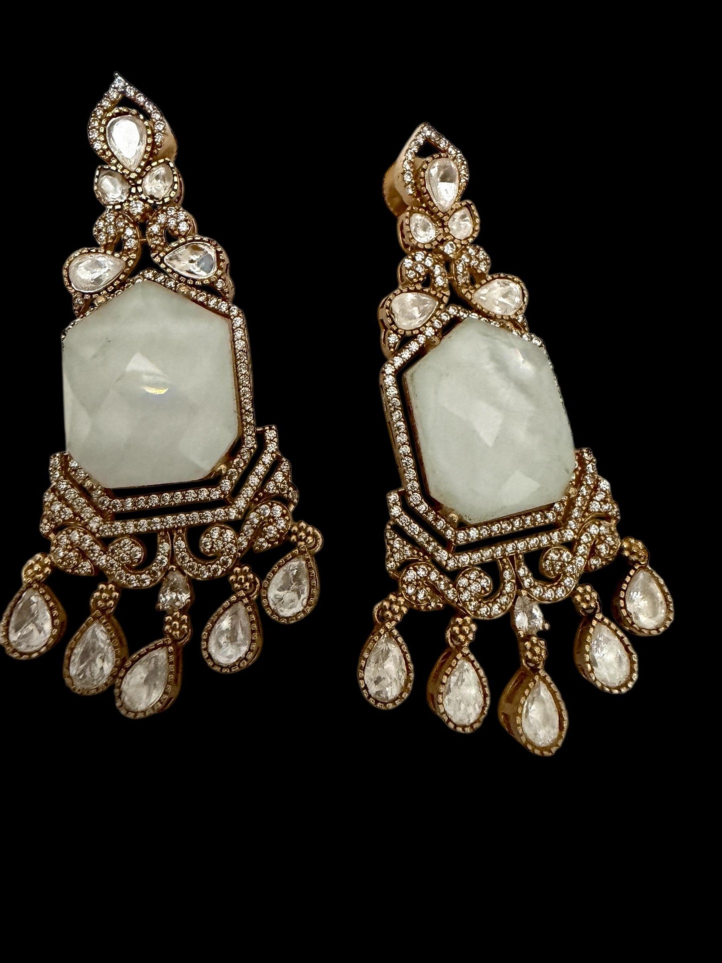 White Stone Earrings with Gemstones - Gold Tone Dangle Earrings high end designer JD-17