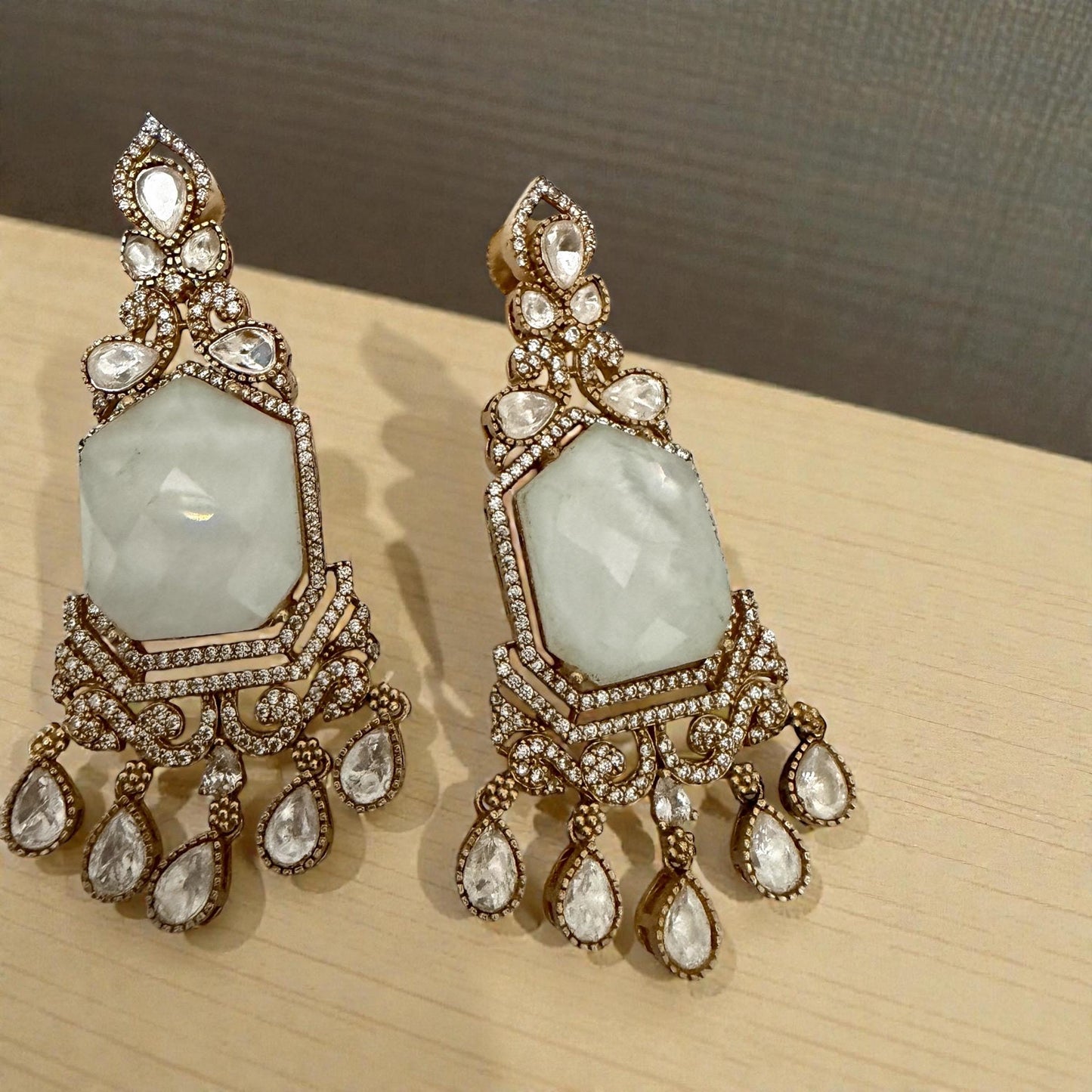 White Stone Earrings with Gemstones - Gold Tone Dangle Earrings high end designer JD-17