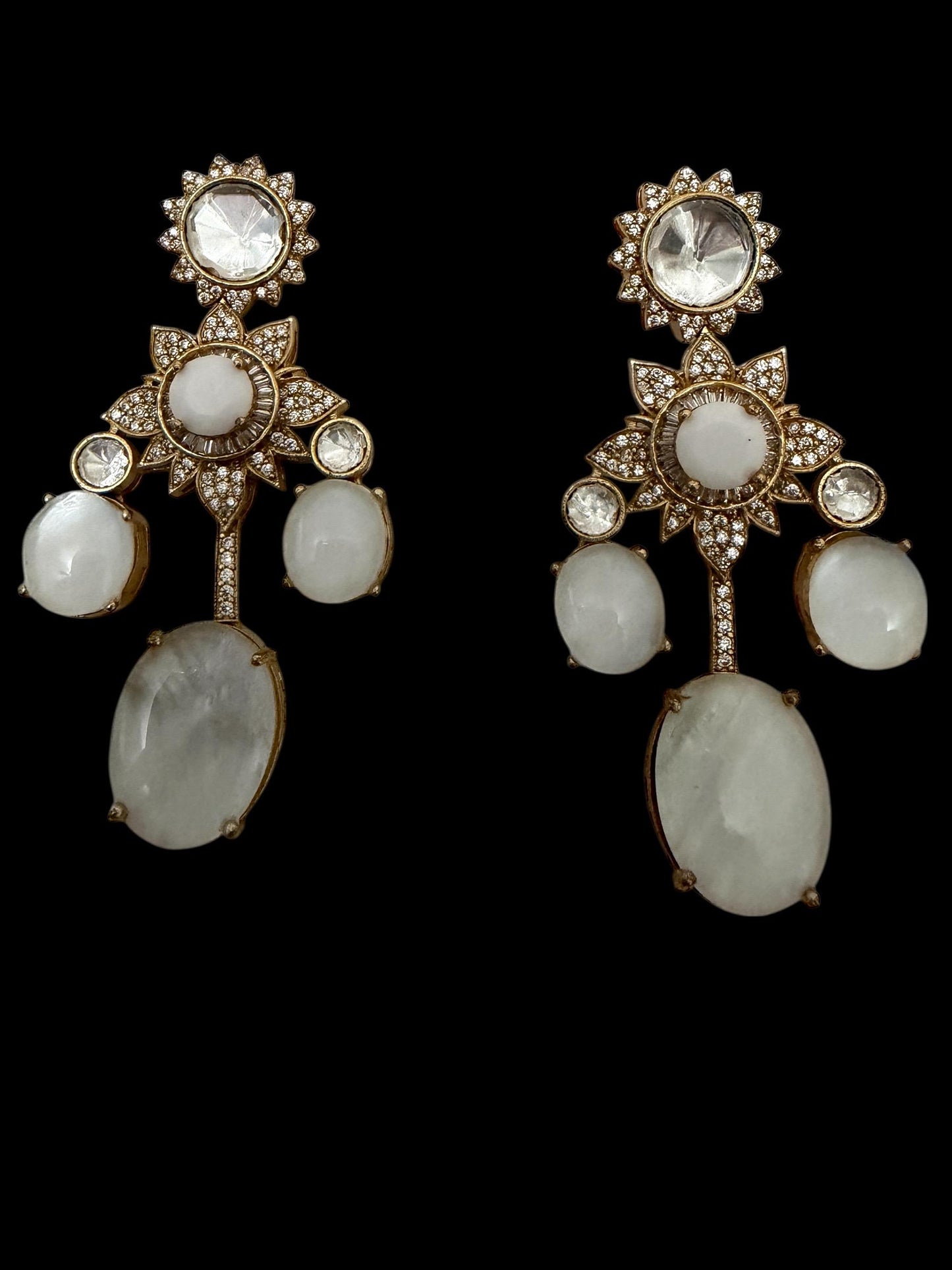 White Stone Earrings with Gemstones - Gold Tone Dangle Earrings high end designer JD-17