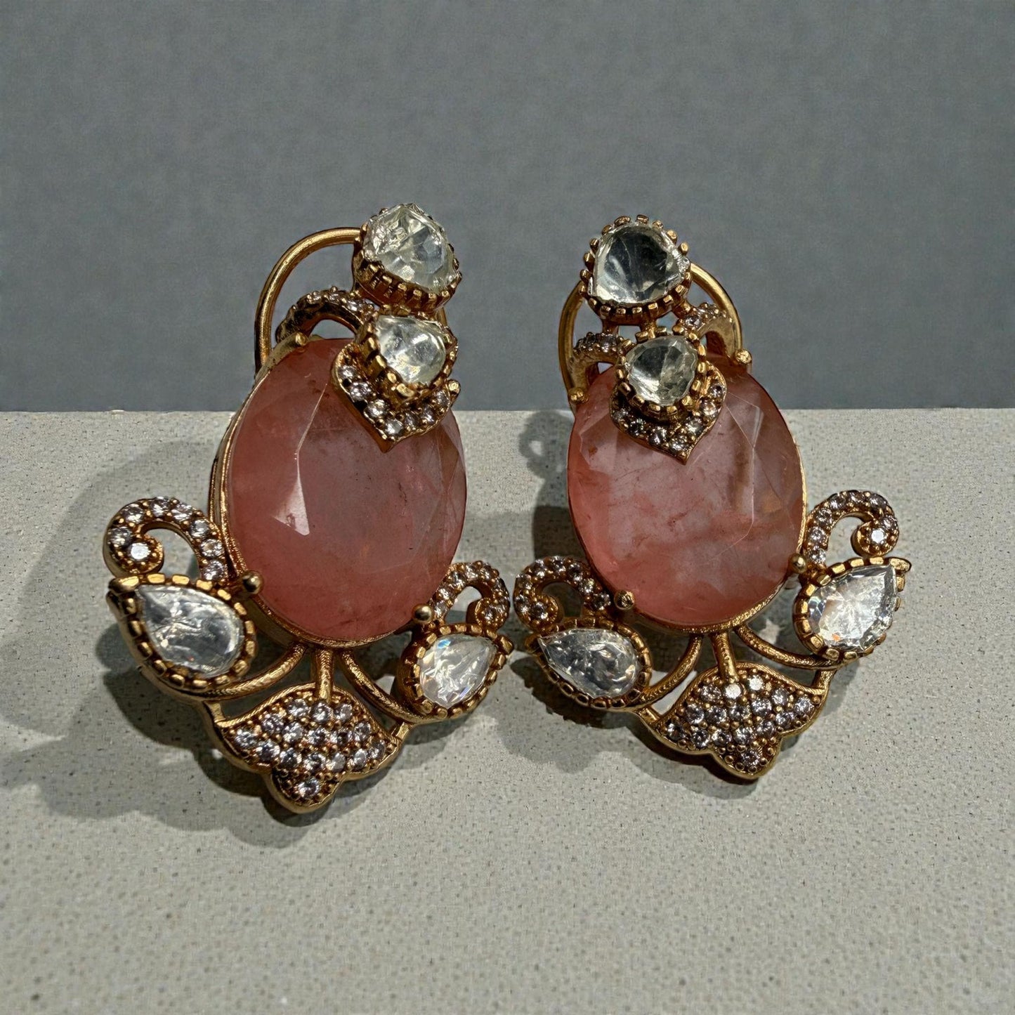 Blush Statement Earrings | Gold Tone Designer Drop Earrings | Vintage Inspired Party & Wedding Jewelry