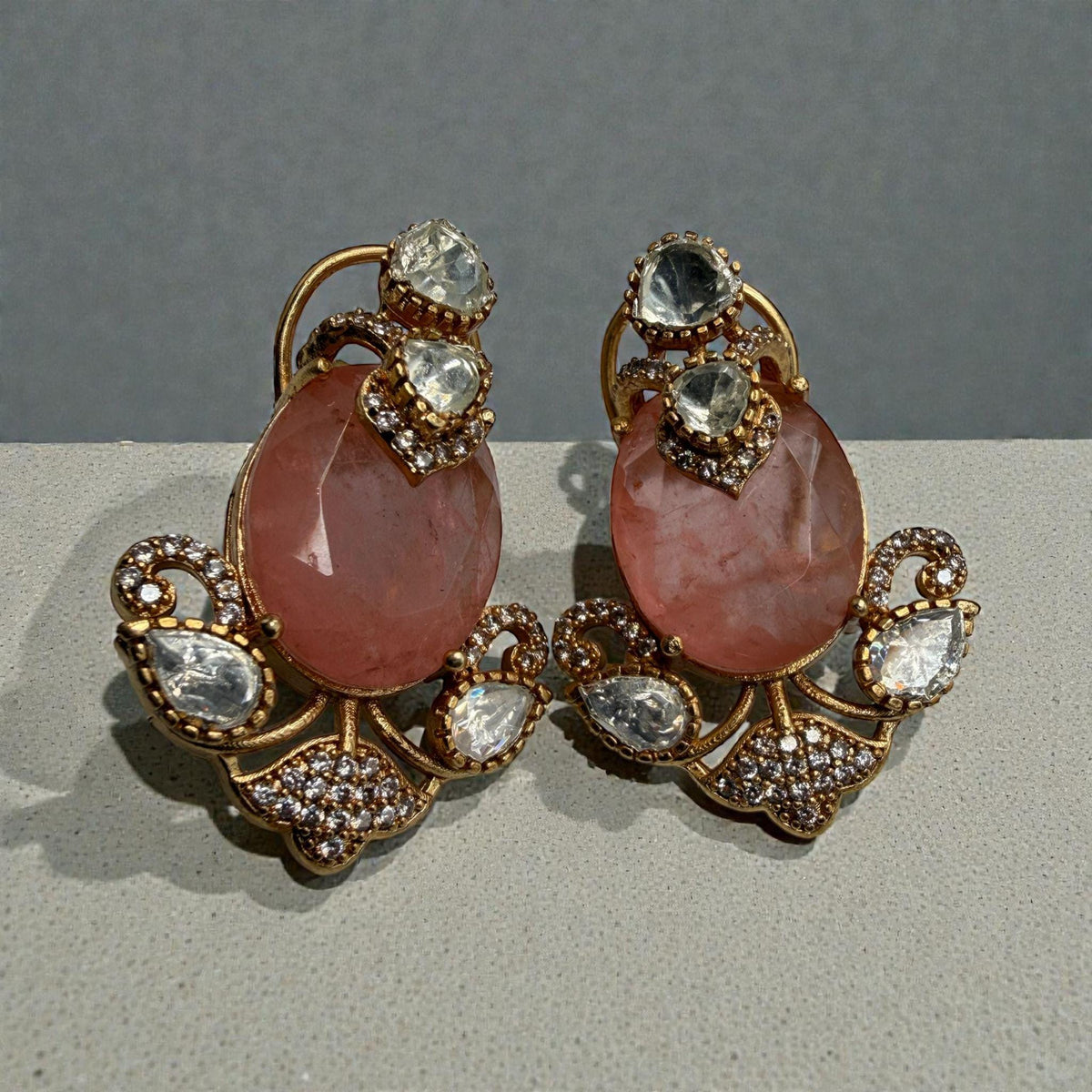 Blush Statement Earrings | Gold Tone Designer Drop Earrings | Vintage Inspired Party & Wedding Jewelry