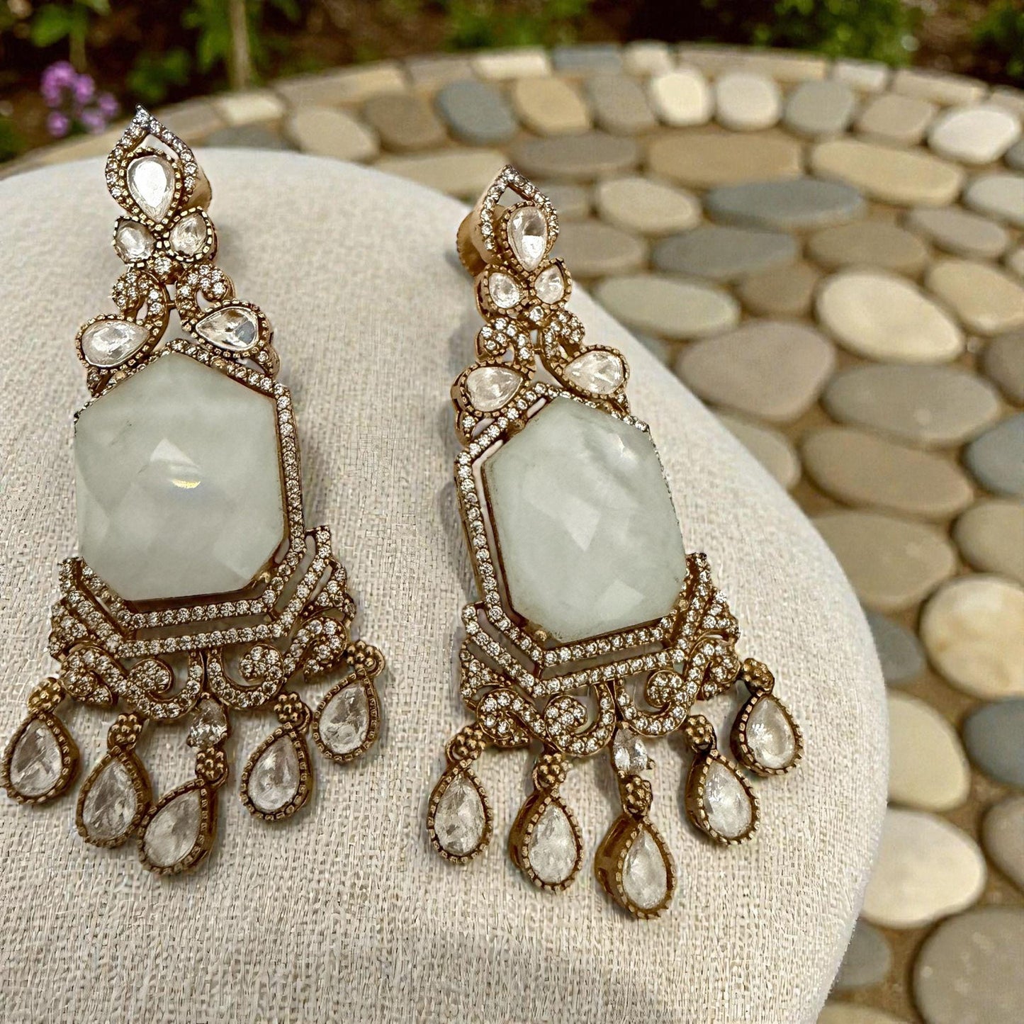 White Statement Drop Earrings | Gold Tone Vintage Style Earrings | Bridal & Party Designer Jewelry
