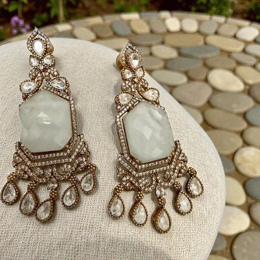 White Statement Drop Earrings | Gold Tone Vintage Style Earrings | Bridal & Party Designer Jewelry