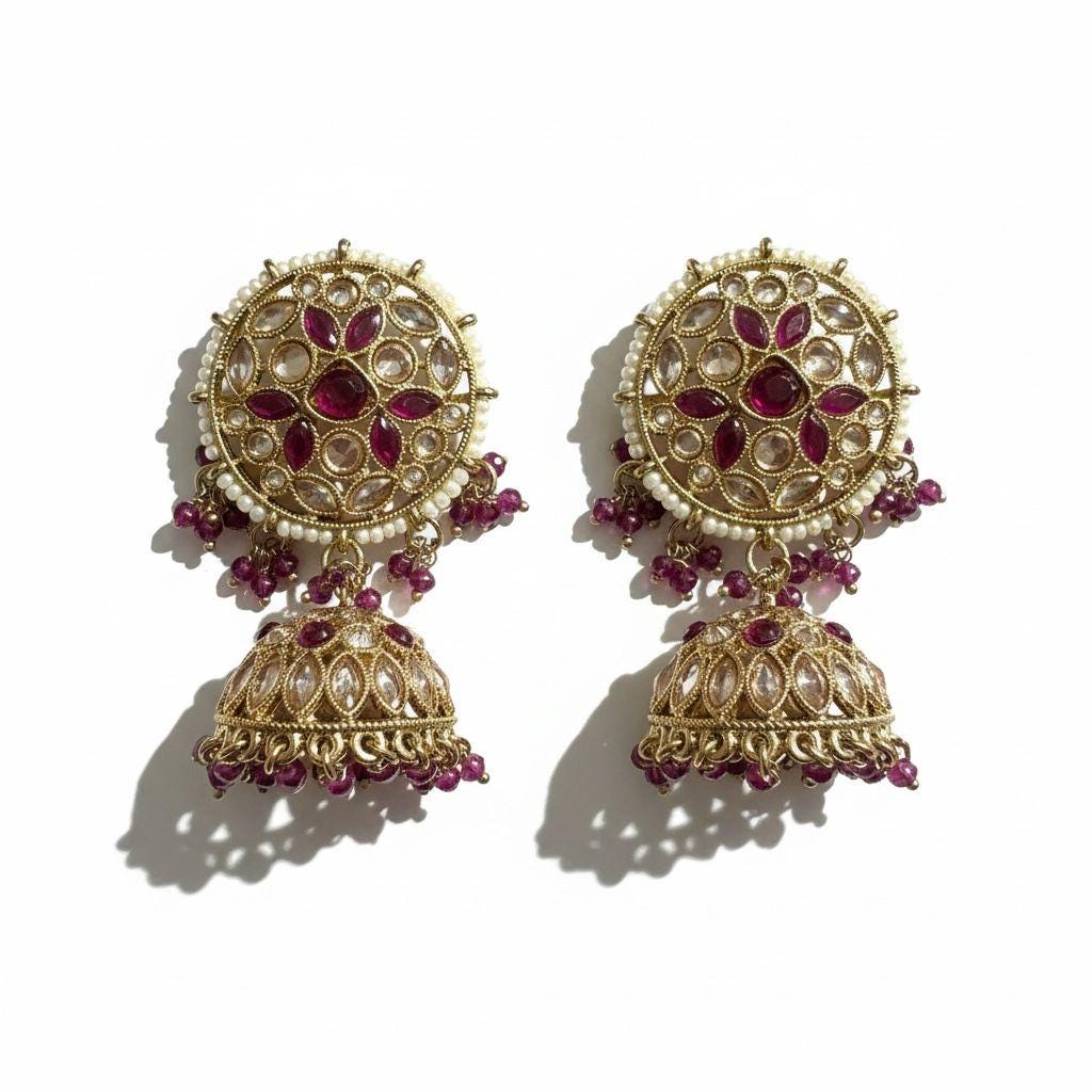 Gold Tone Jhumka Earrings | Pearl Beaded Statement Earrings | Bridal and Festive Indian Jewelry
