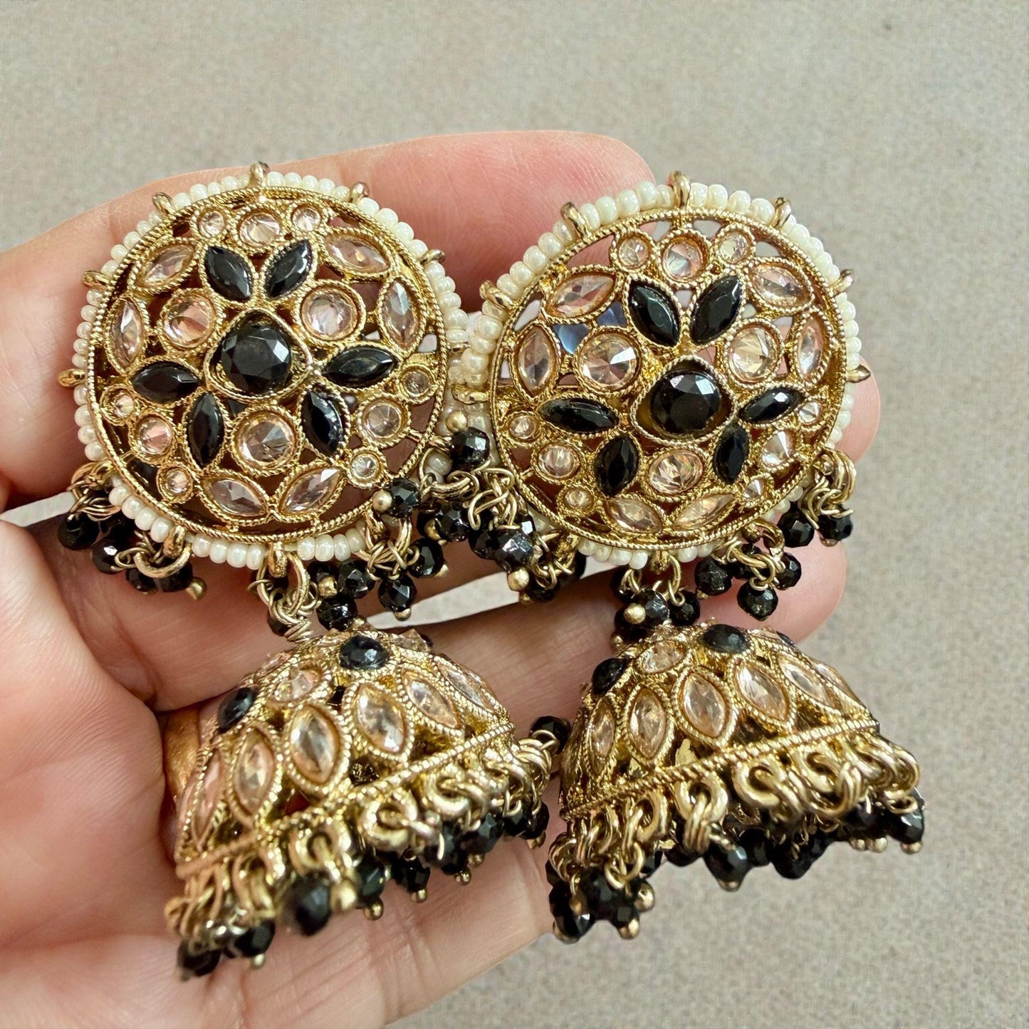 Gold Tone Jhumka Earrings | Pearl Beaded Statement Earrings | Bridal and Festive Indian Jewelry