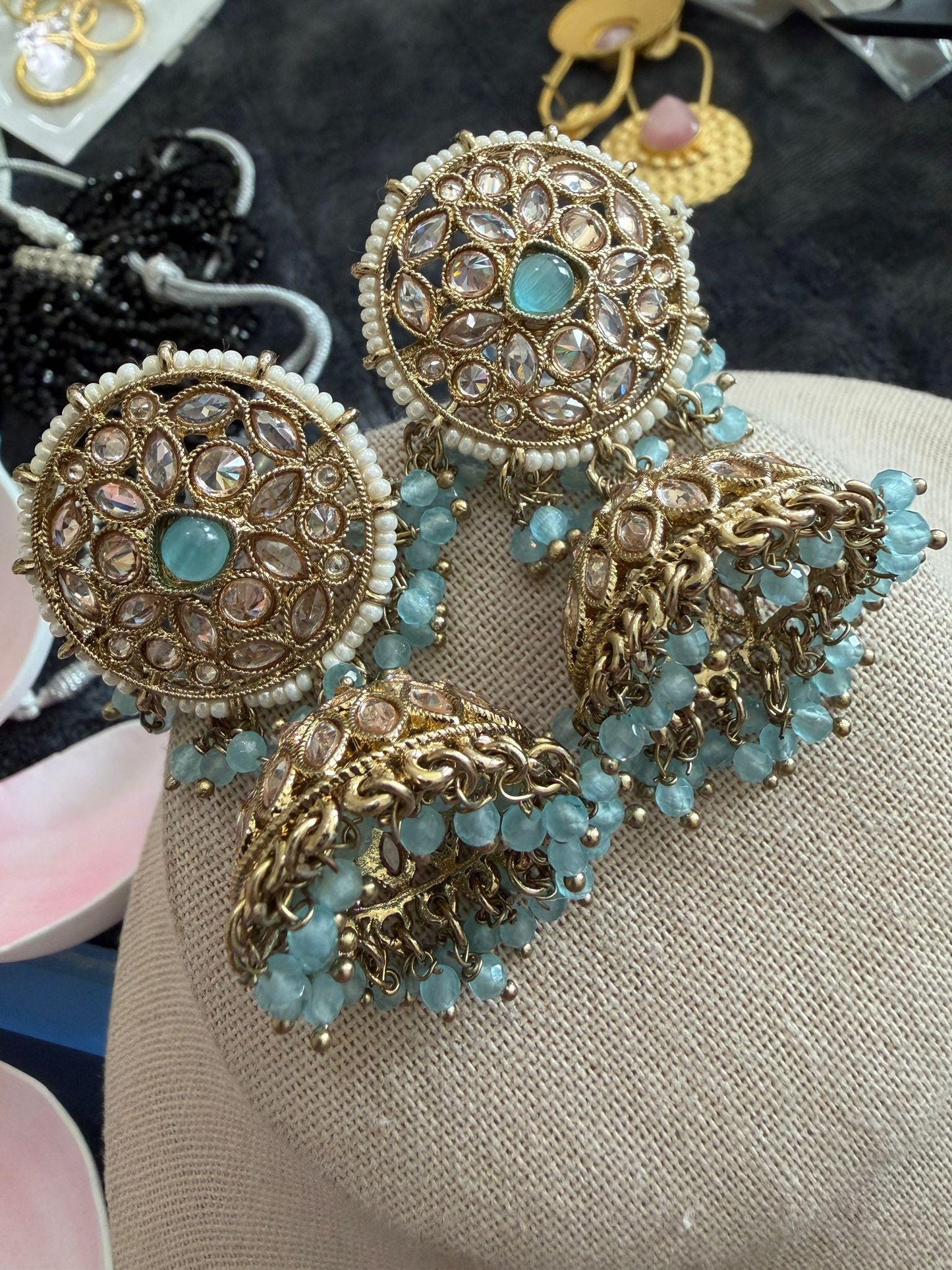 Gold Tone Jhumka Earrings | Pearl Beaded Statement Earrings | Bridal and Festive Indian Jewelry