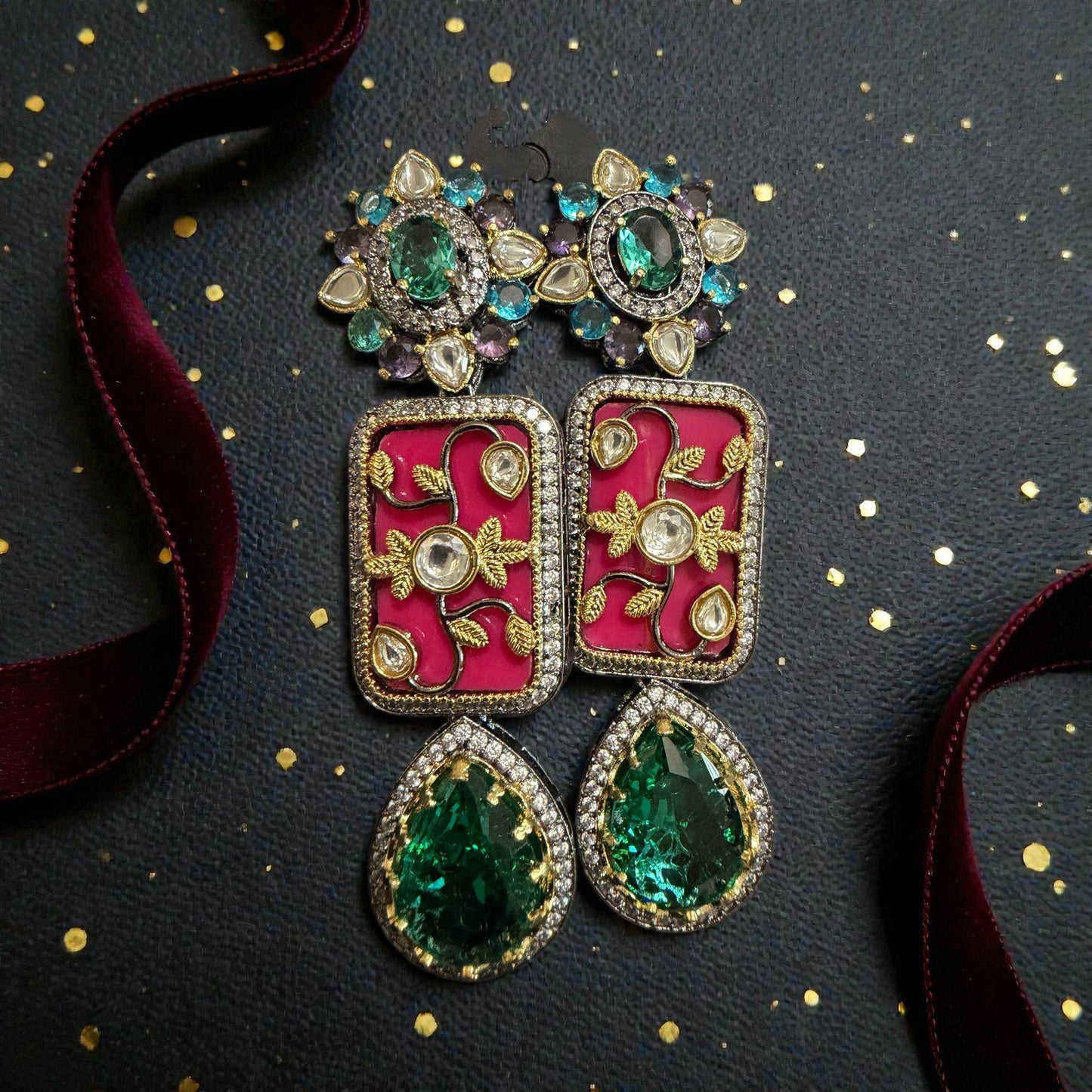 Gold Tone Enamel Drop Earrings | Indian Bridal Jewelry