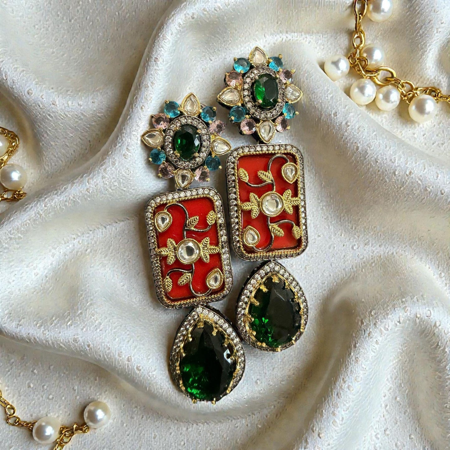 Gold Tone Enamel Drop Earrings | Indian Bridal Jewelry