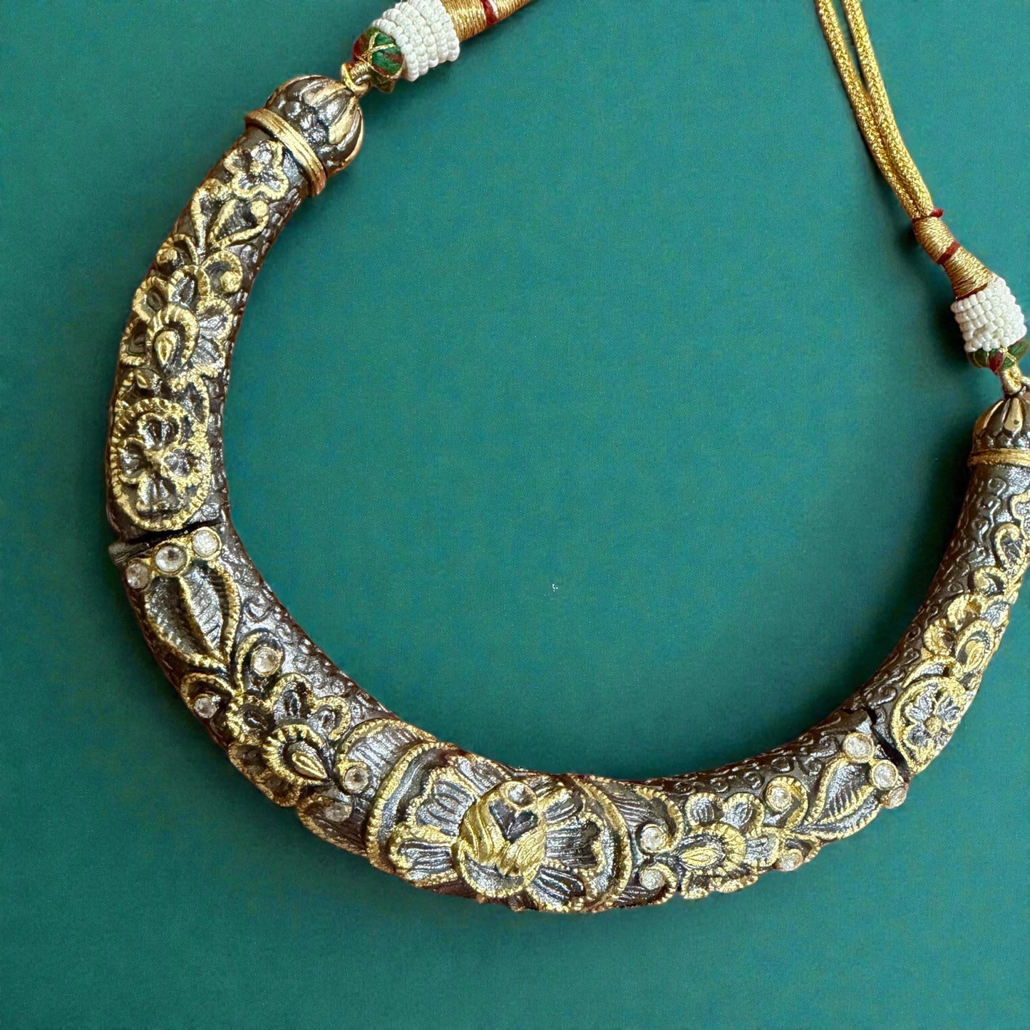 New bold statement choker/necklace enameled grey with gold and crystal stones.