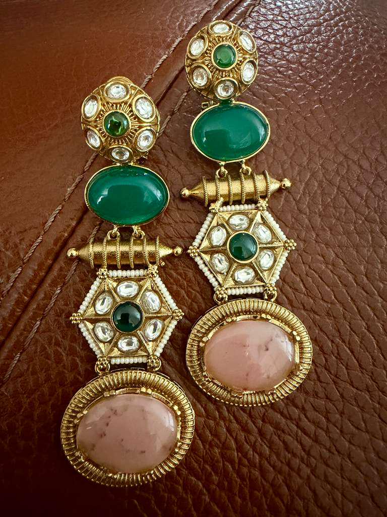 Statement Drop Earrings | Gold Tone Indian Earrings | Green Stone Ethnic Jewelry | 2 Color Options
