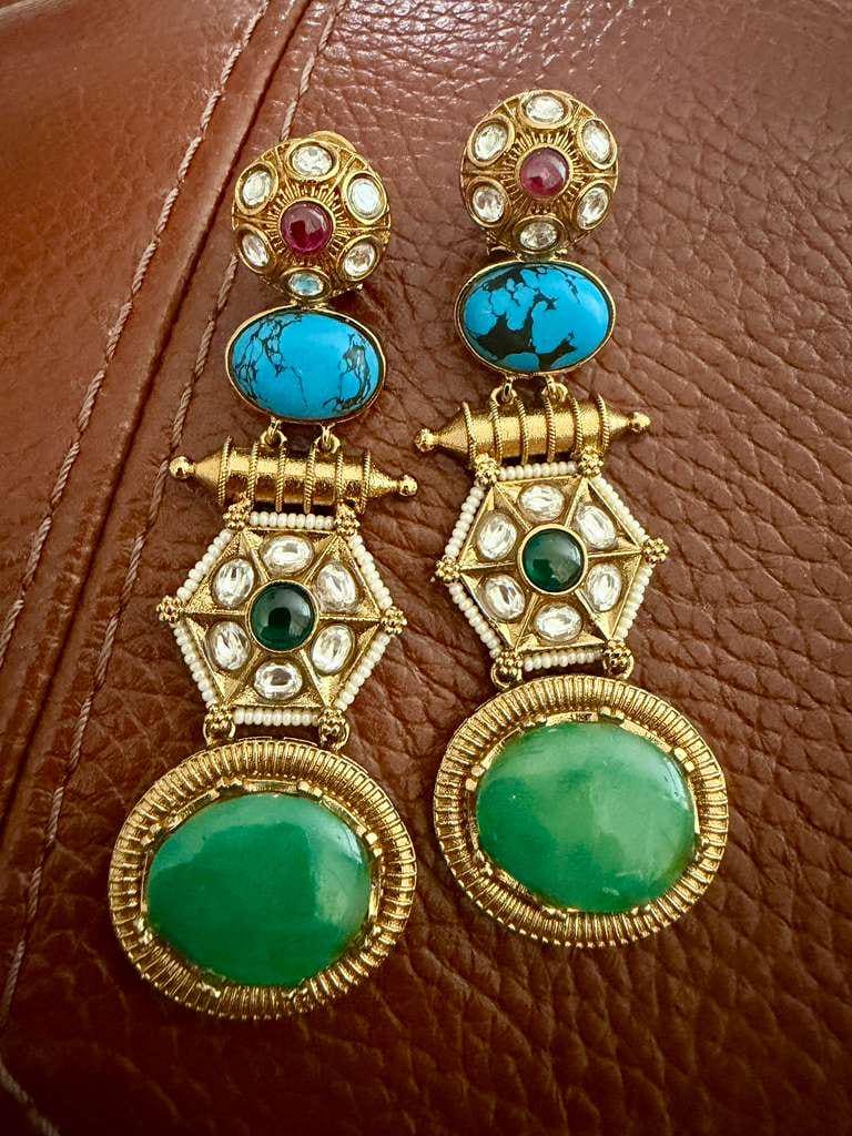Statement Drop Earrings | Gold Tone Indian Earrings | Green Stone Ethnic Jewelry | 2 Color Options