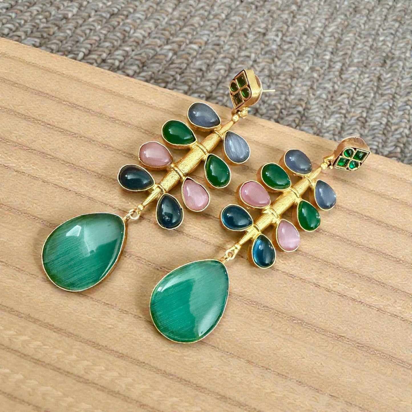 Teardrop Green Stone Dangle Earrings | Gold Tone Bridal Jewelry