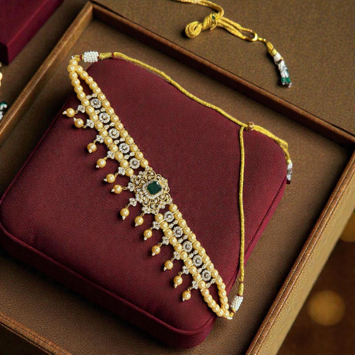 New bold statement choker/necklace emerald green with pearls and ad stones -gold plated .