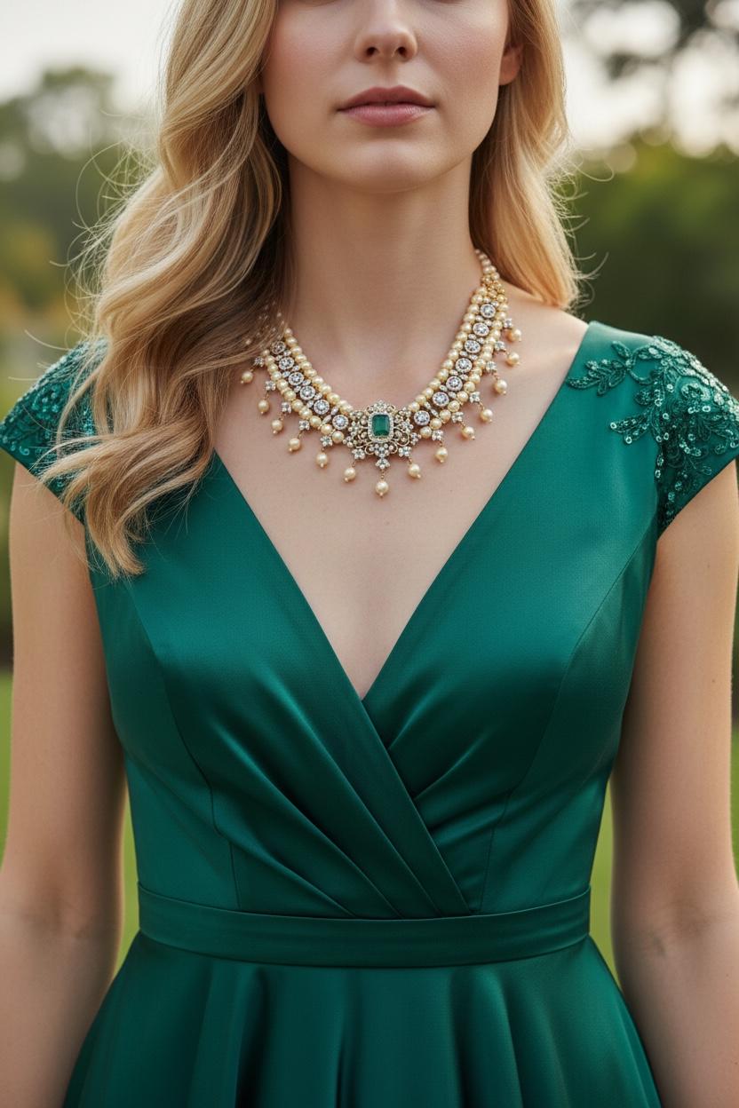 New bold statement choker/necklace emerald green with pearls and ad stones -gold plated .