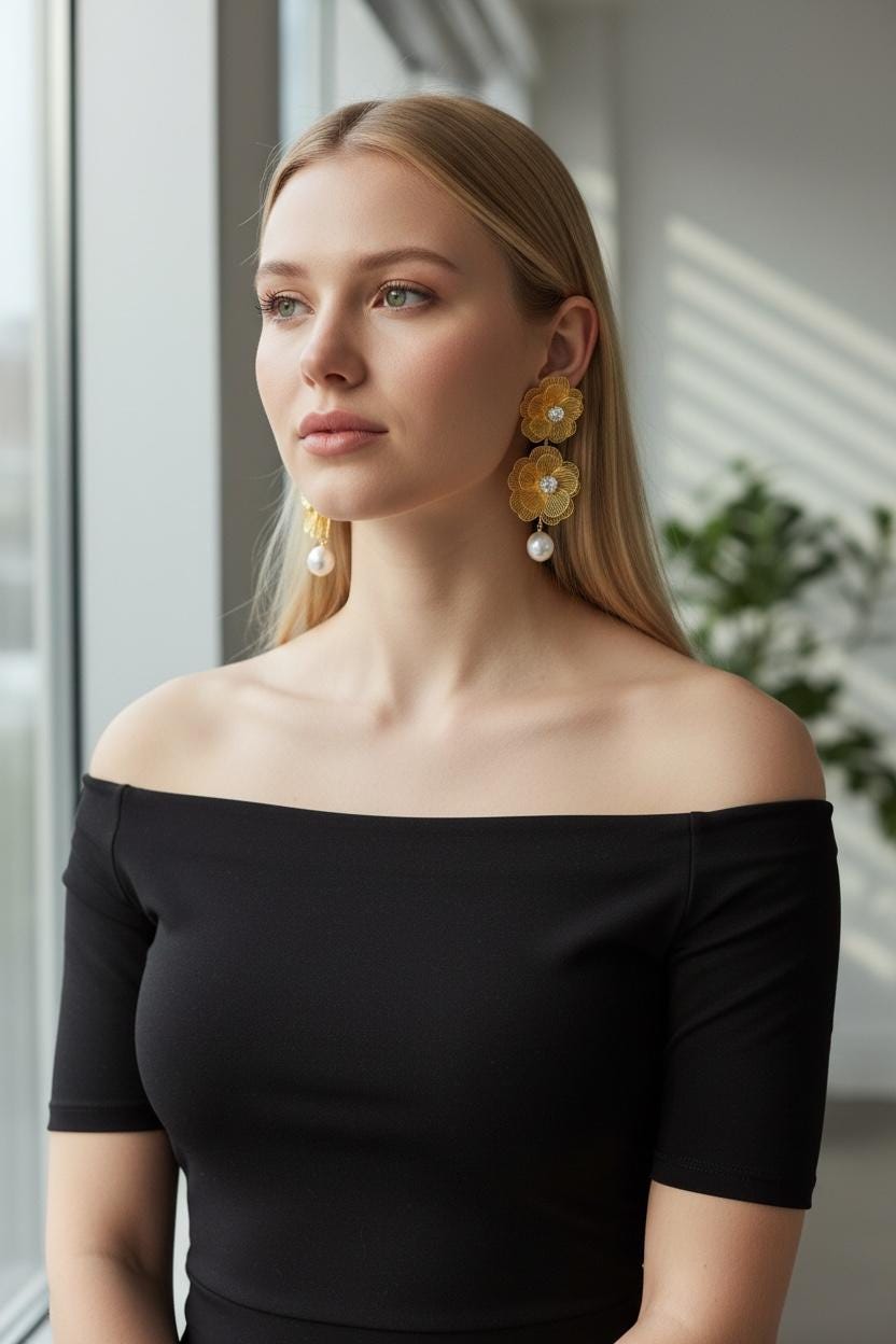 Gold Earrings with Pearl Drops | Elegant designer with crystal stone.