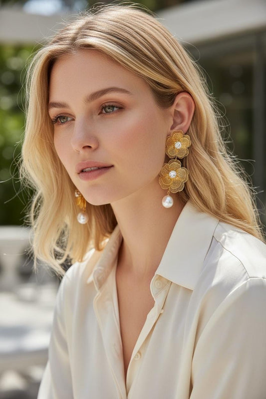 Gold Earrings with Pearl Drops | Elegant designer with crystal stone.