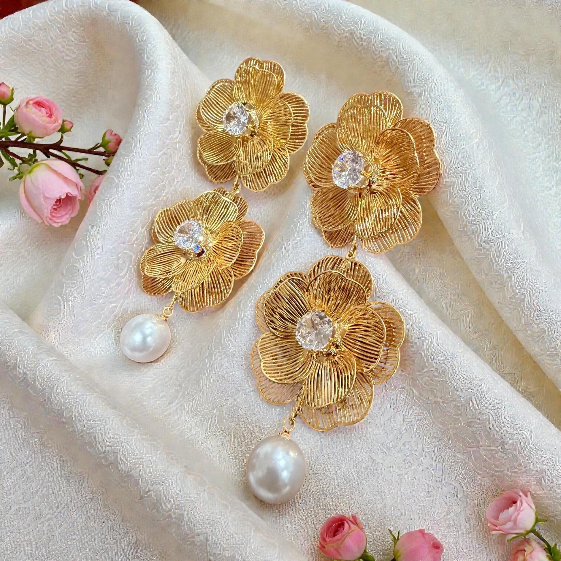 Gold Earrings with Pearl Drops | Elegant designer with crystal stone.