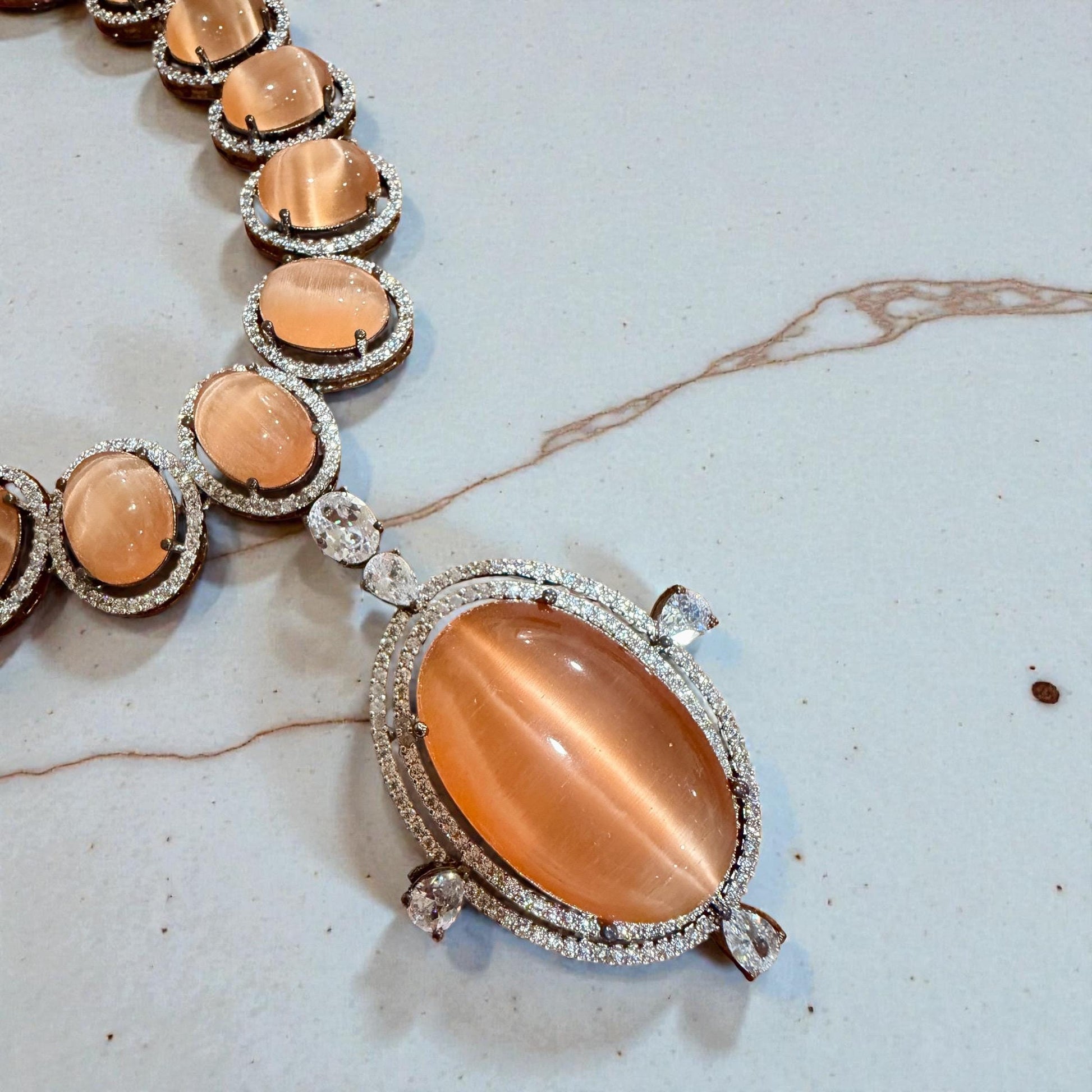 Bollywood Indian AD Jewelry Set, Peach Grey Stone, Rhodium Finish