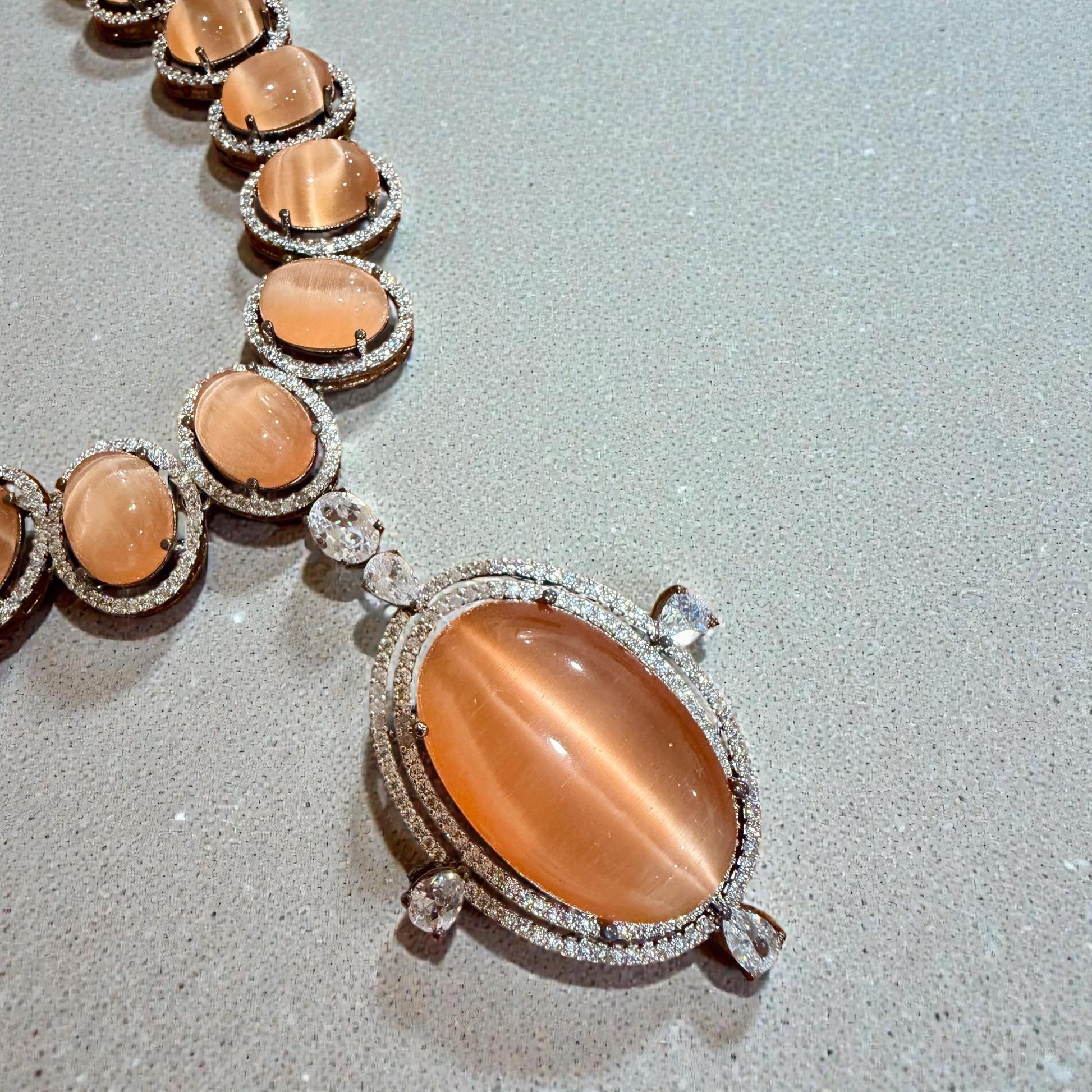 Bollywood Indian AD Jewelry Set, Peach Grey Stone, Rhodium Finish