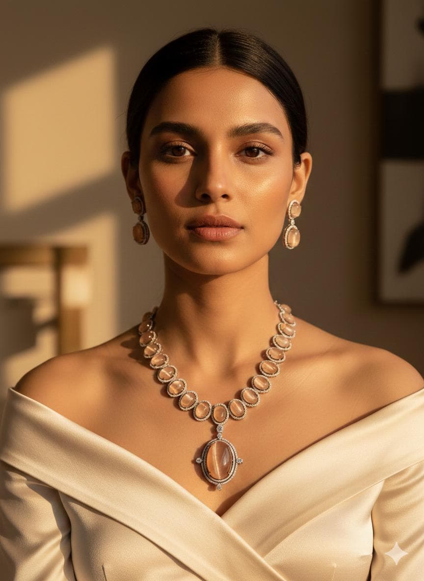 Bollywood Indian AD Jewelry Set, Peach Grey Stone, Rhodium Finish
