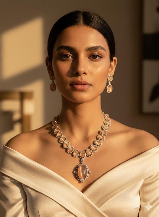 Bollywood Indian AD Jewelry Set, Peach Grey Stone, Rhodium Finish