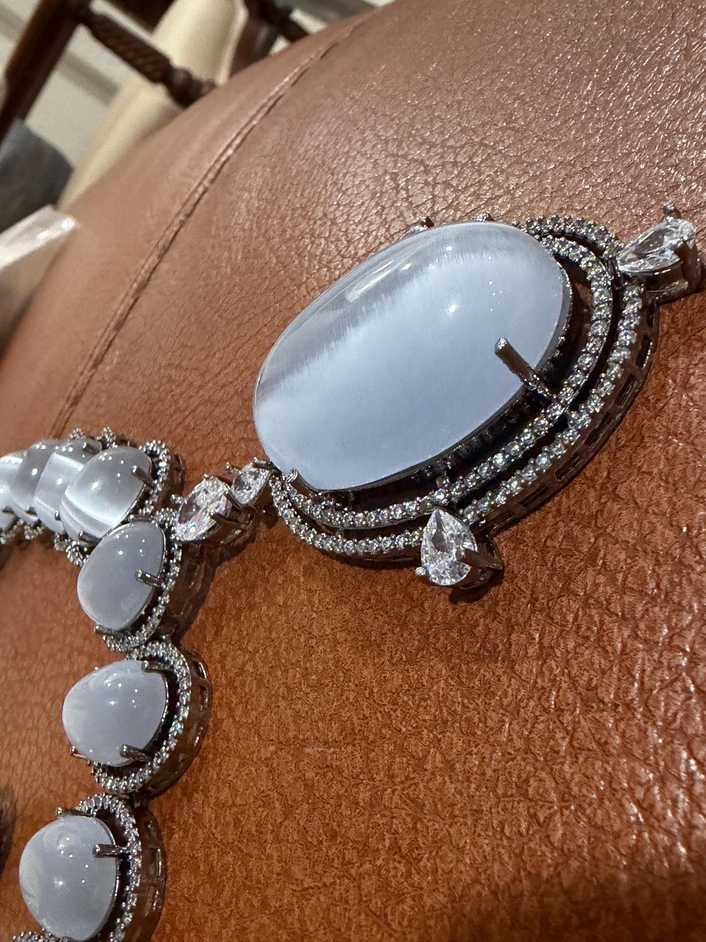 Bollywood Indian AD Jewelry Set, Peach Grey Stone, Rhodium Finish