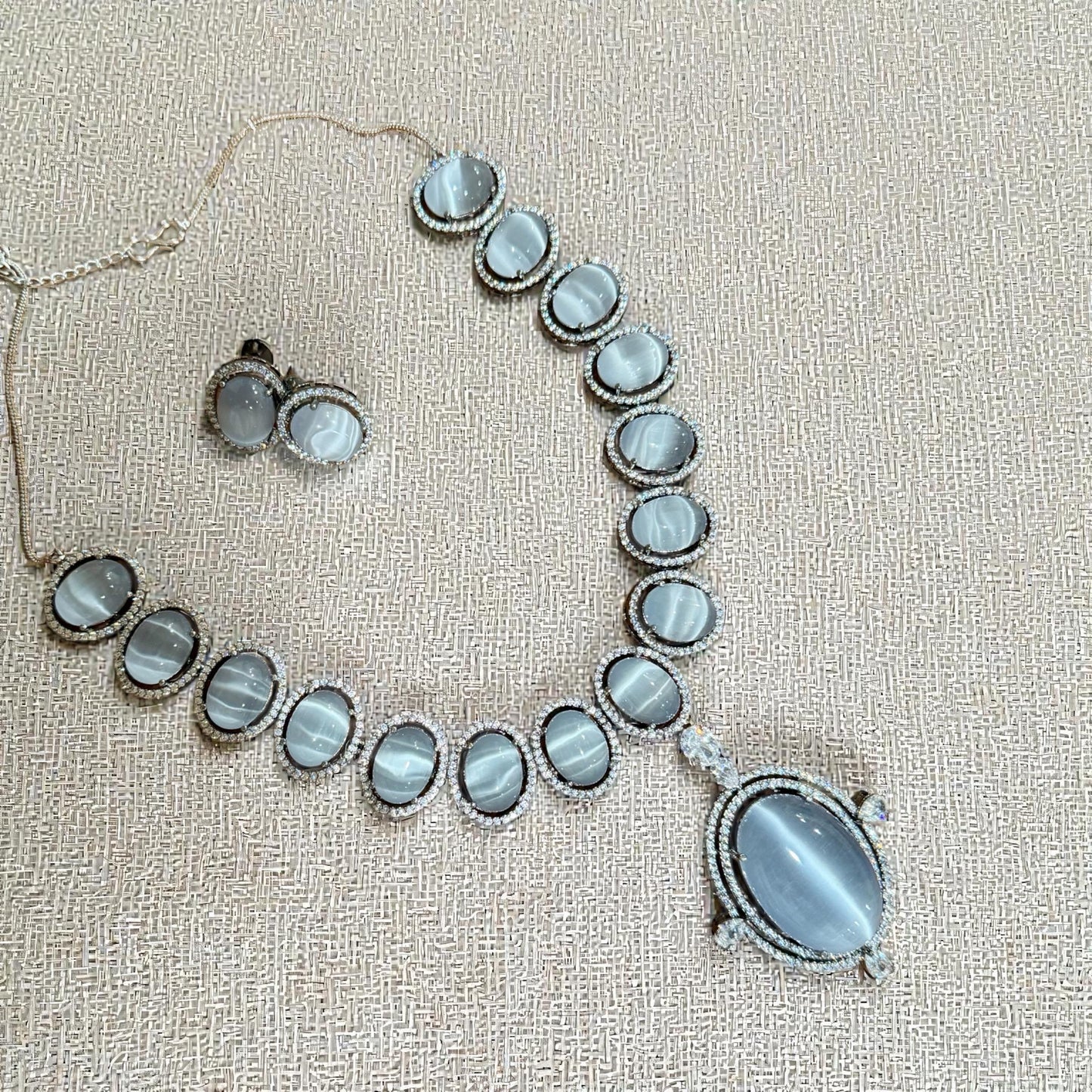 Bollywood Indian AD Jewelry Set, Peach Grey Stone, Rhodium Finish
