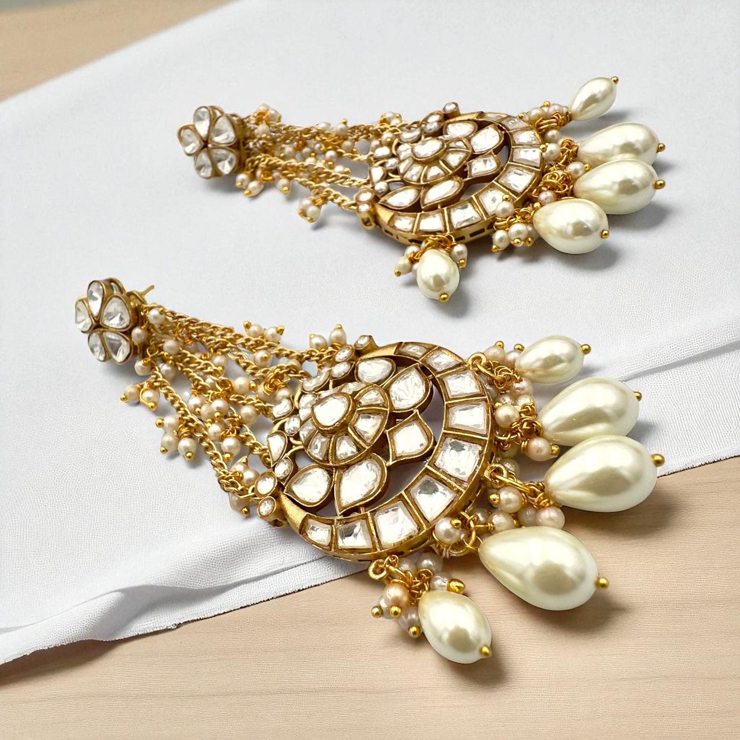 Exquisite Kundan Chandbali Earrings with Pearl Drops - Traditional Indian Jewelry