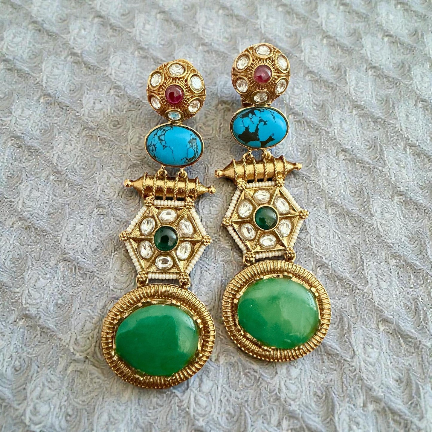 Statement Drop Earrings | Gold Tone Indian Earrings | Green Stone Ethnic Jewelry | 2 Color Options