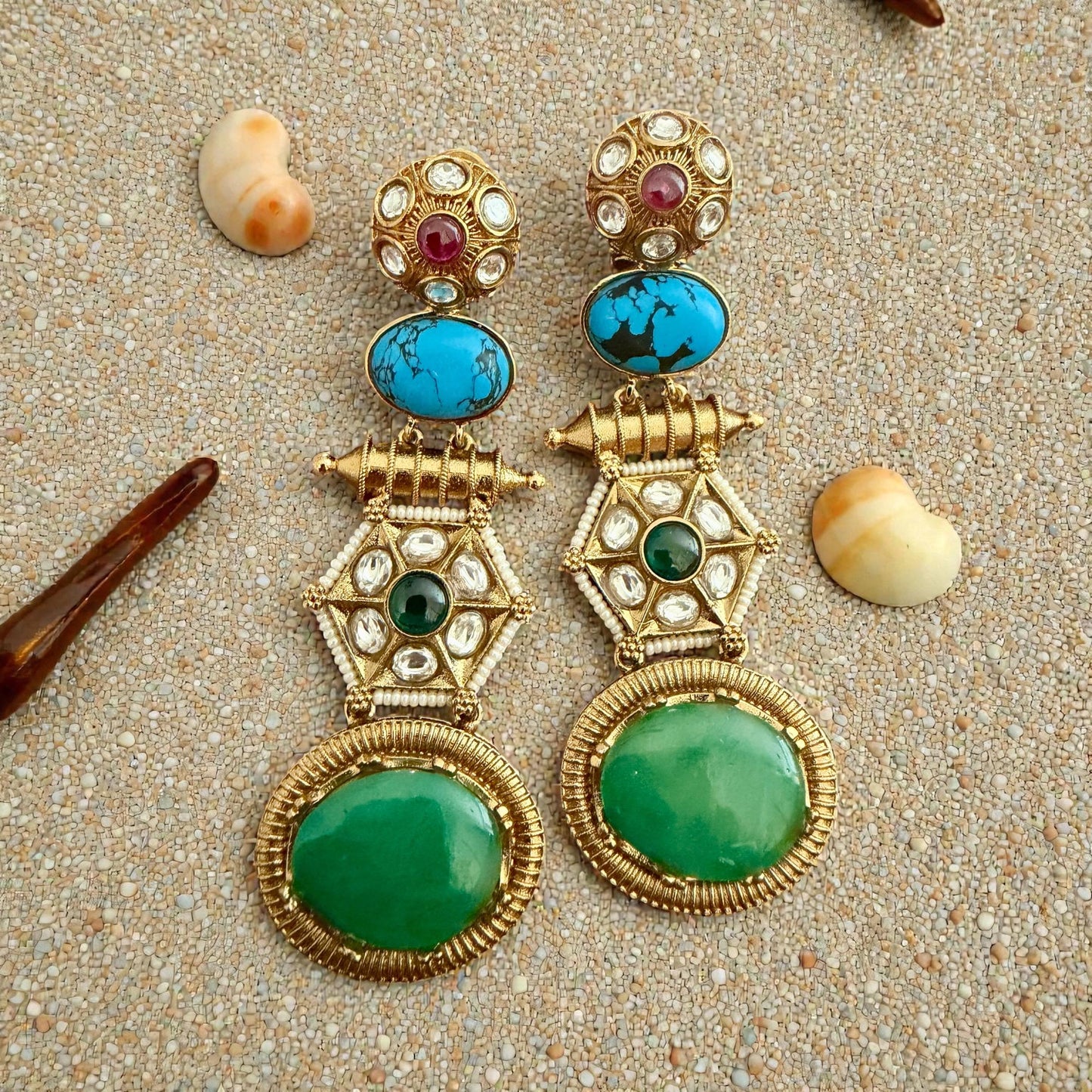 Statement Drop Earrings | Gold Tone Indian Earrings | Green Stone Ethnic Jewelry | 2 Color Options