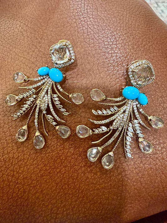 Turquoise Statement Earrings | Gold Floral Spray Dangle, Bridal Jewelry