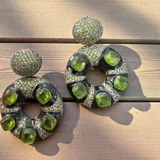 Green Statement Earrings | Gold Tone Pavé Circle Dangle