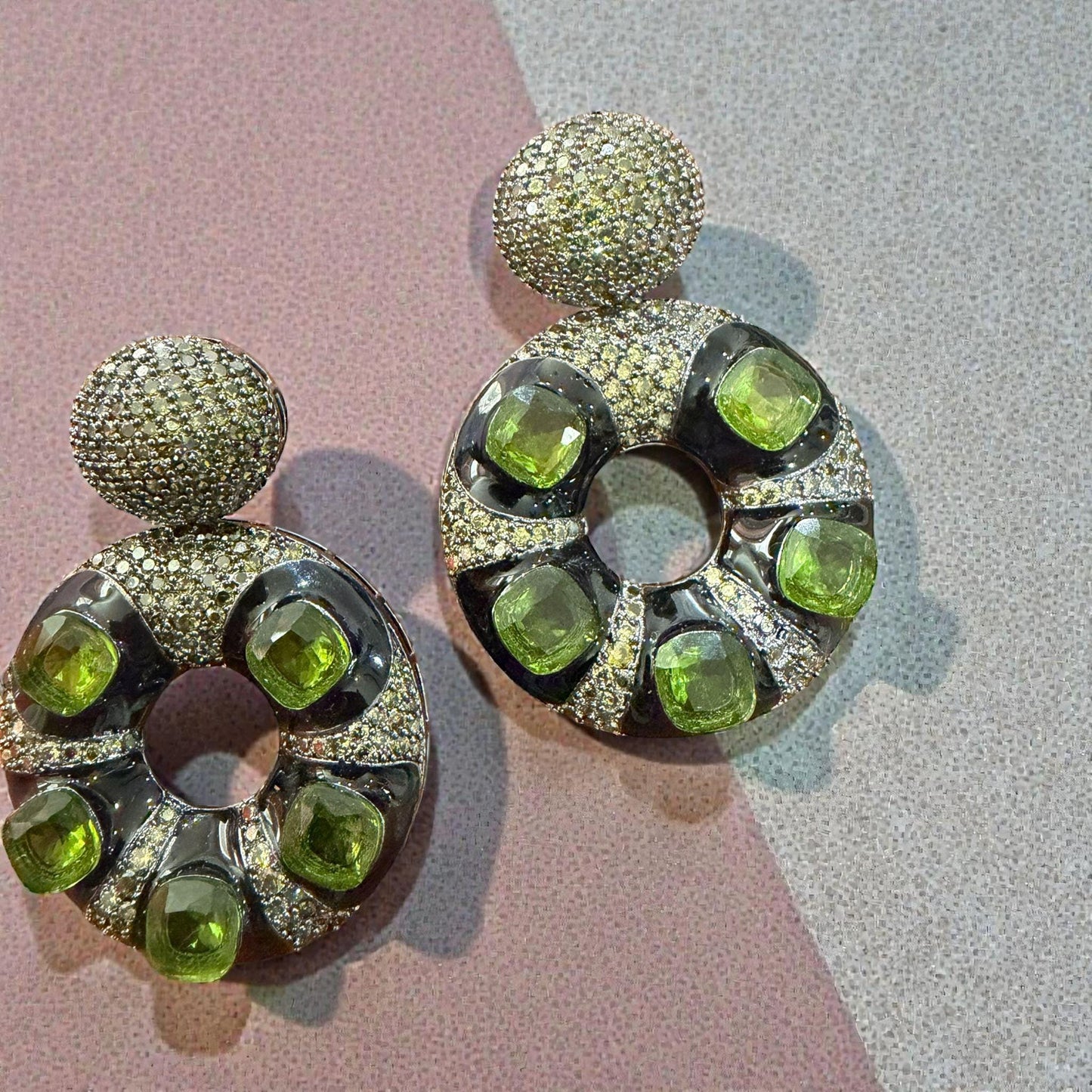 Green Statement Earrings | Gold Tone Pavé Circle Dangle