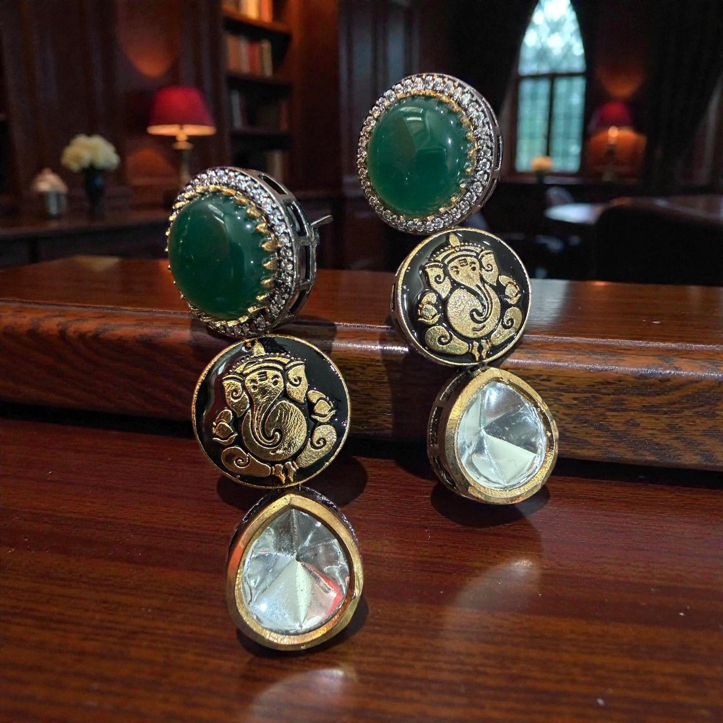 Ganesha Earrings | Green Stone Kundan Indian Jewelry