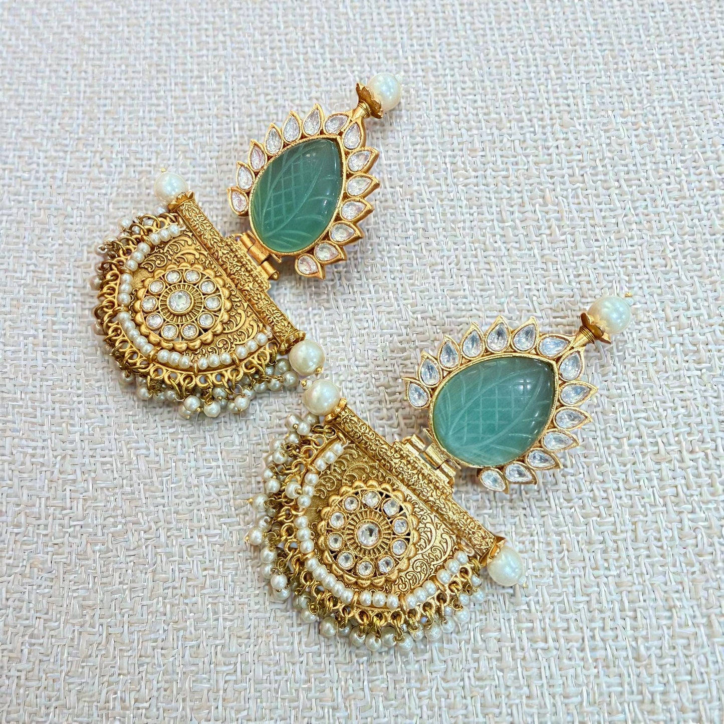 Green Stone Chandelier Earrings | Gold Mughal Indian Bridal Jewelry