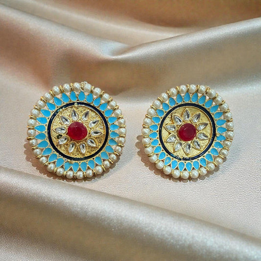 Turquoise Pearl Kundan Stud Earrings | Indian Bridal Jewelry