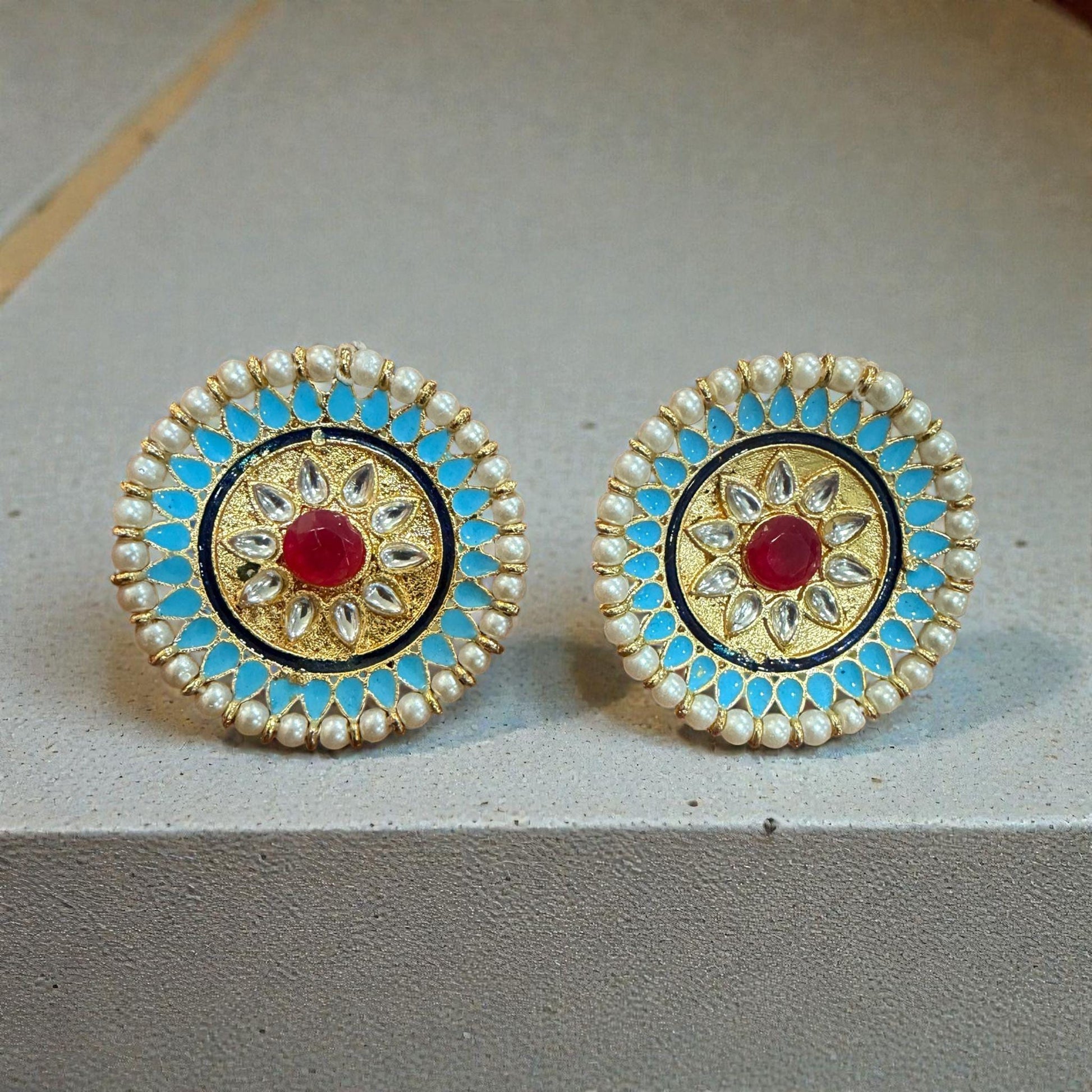 Turquoise Pearl Kundan Stud Earrings | Indian Bridal Jewelry
