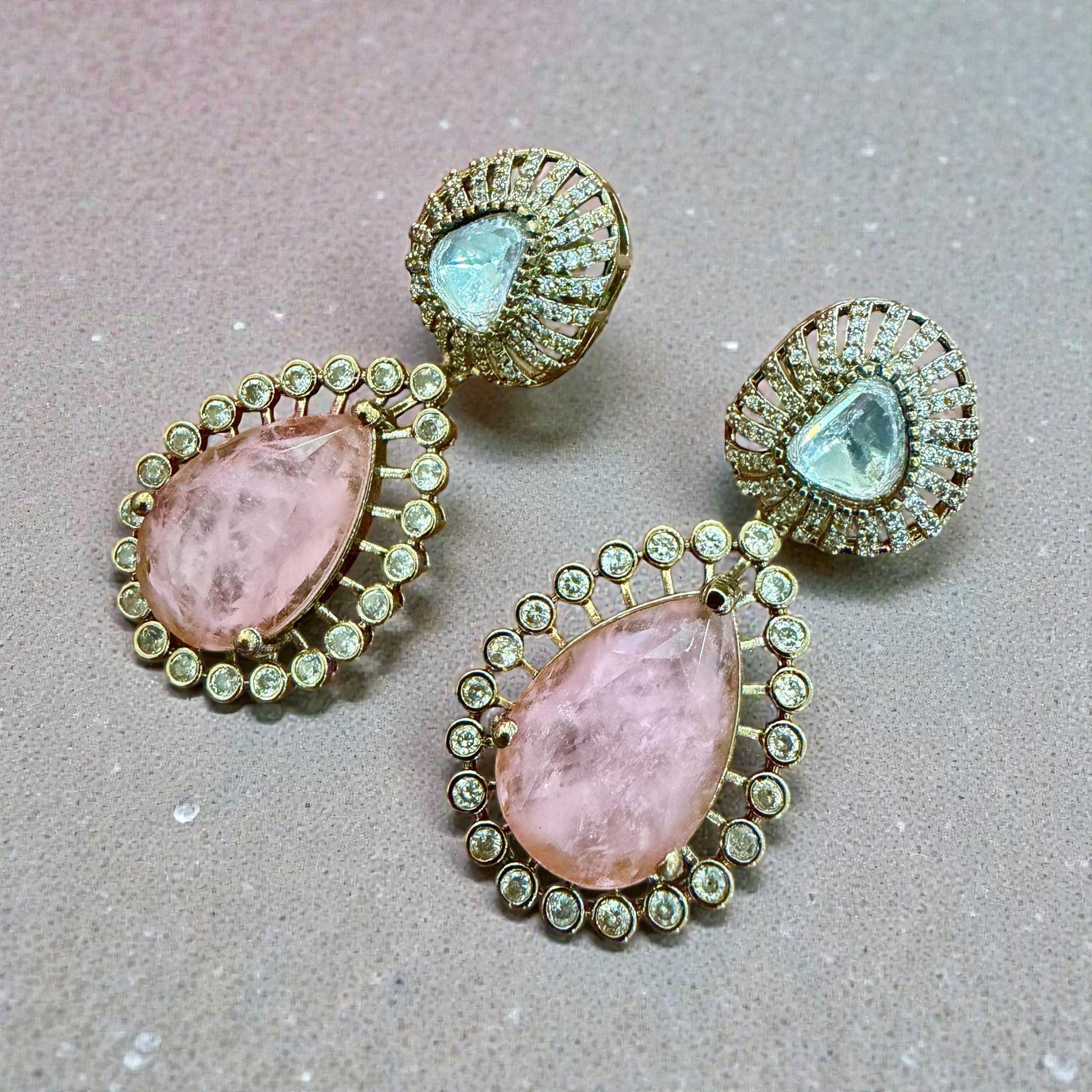 Pink Stone Teardrop Earrings | Gold Tone Kundan Bridal Jewelry