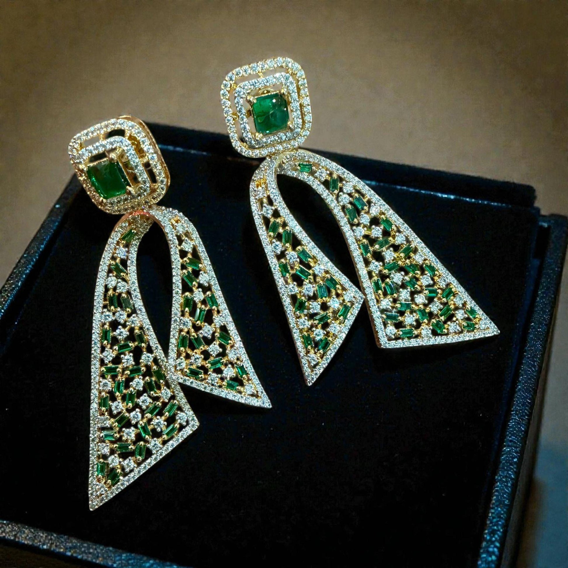 Emerald Green Dangle Earrings | Gold Tone Geometric Crystal Bridal Jewelry