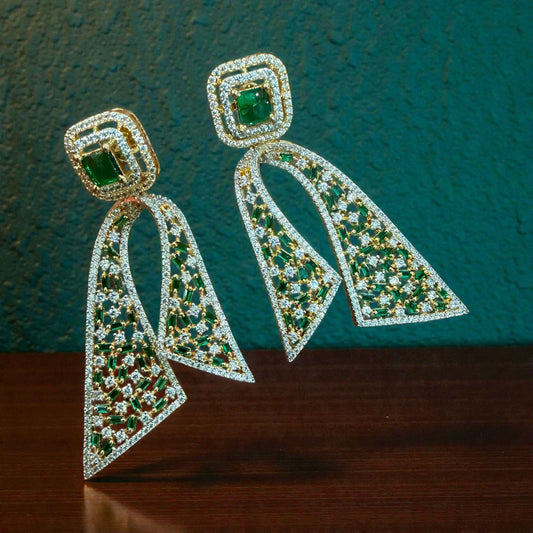 Emerald Green Dangle Earrings | Gold Tone Geometric Crystal Bridal Jewelry