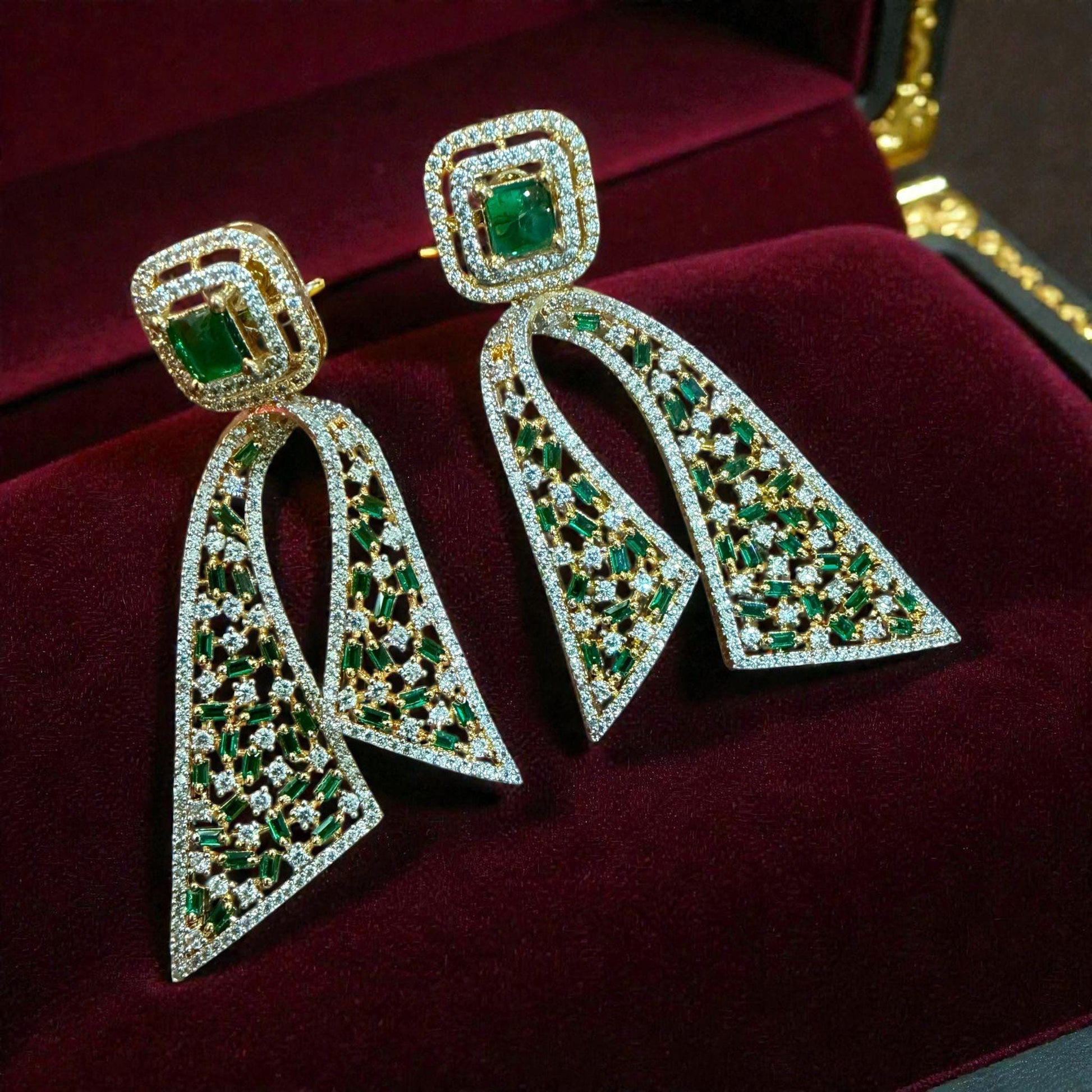 Emerald Green Dangle Earrings | Gold Tone Geometric Crystal Bridal Jewelry