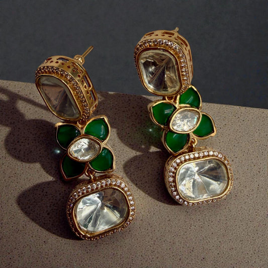 Green Floral Drop Earrings | Gold Tone Statement Earrings | Elegant Party & Wedding Jewelry