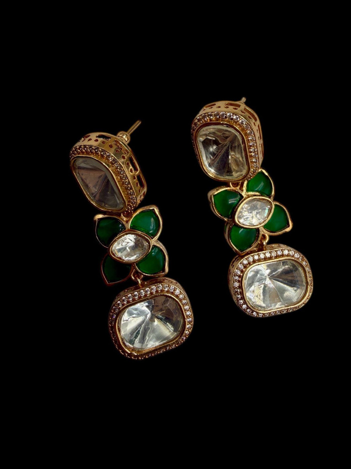 Green Floral Drop Earrings | Gold Tone Statement Earrings | Elegant Party & Wedding Jewelry