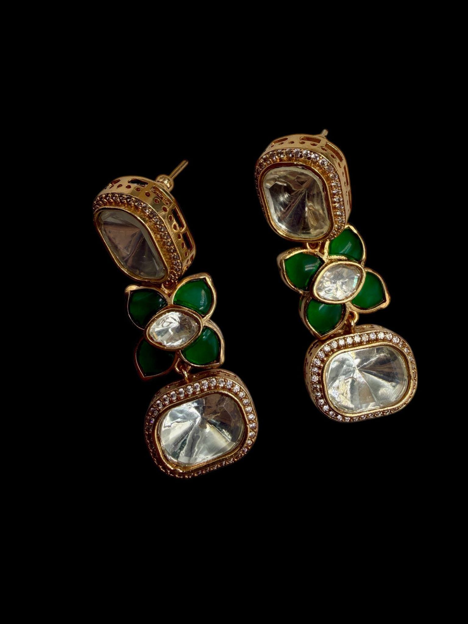 Green Floral Drop Earrings | Gold Tone Statement Earrings | Elegant Party & Wedding Jewelry