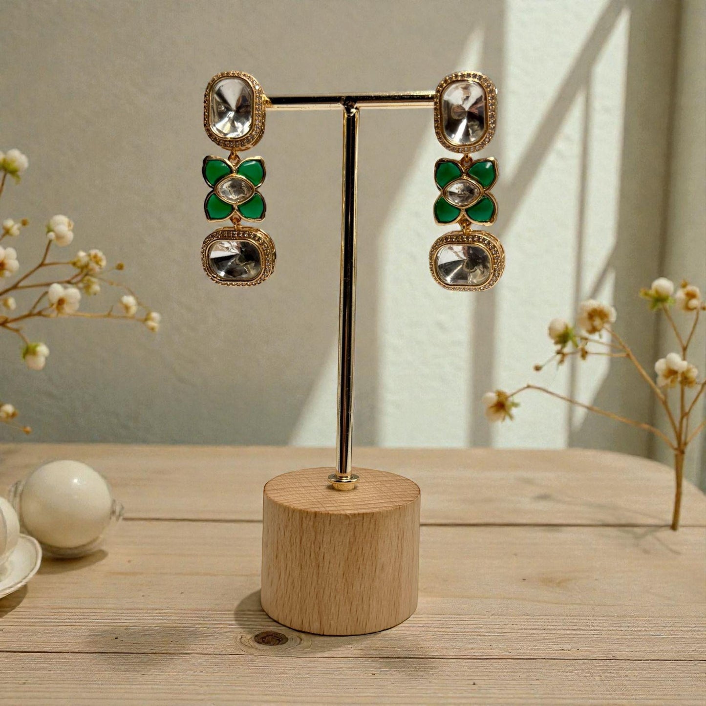 Green Floral Drop Earrings | Gold Tone Statement Earrings | Elegant Party & Wedding Jewelry
