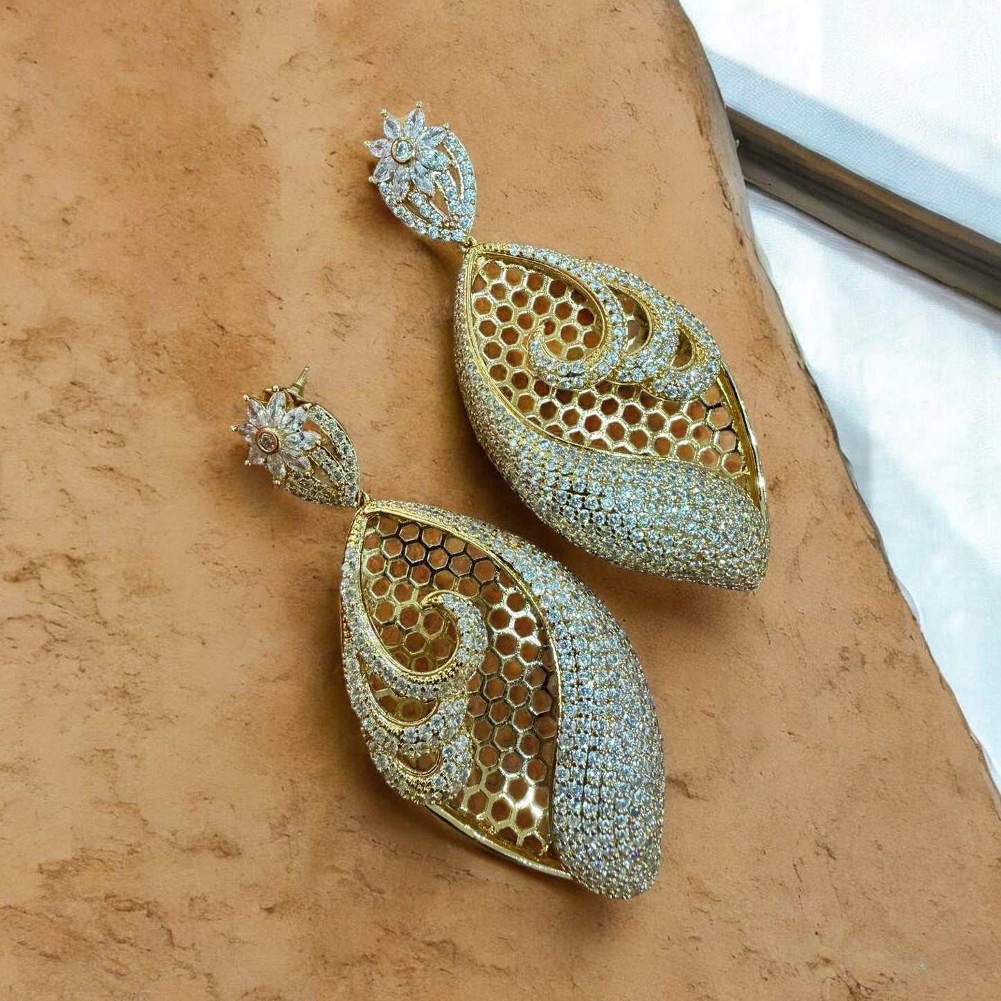 Gold Paisley  large  Earrings | Luxury CZ Drop Earrings | Indian Wedding Statement Jewelry