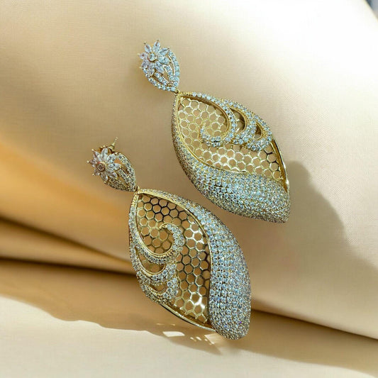 Gold Paisley large Earrings | Luxury CZ Drop Earrings | Indian Wedding Statement Jewelry