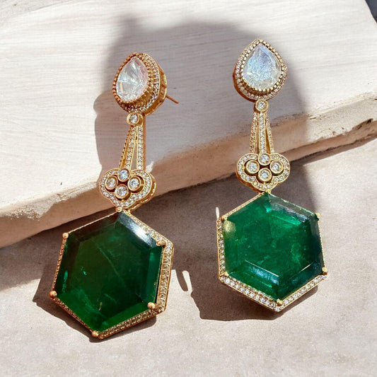 Emerald Green Hexagon Drop Earrings | Gold Bridal Statement Earrings with CZ | Indian Wedding Jewelry