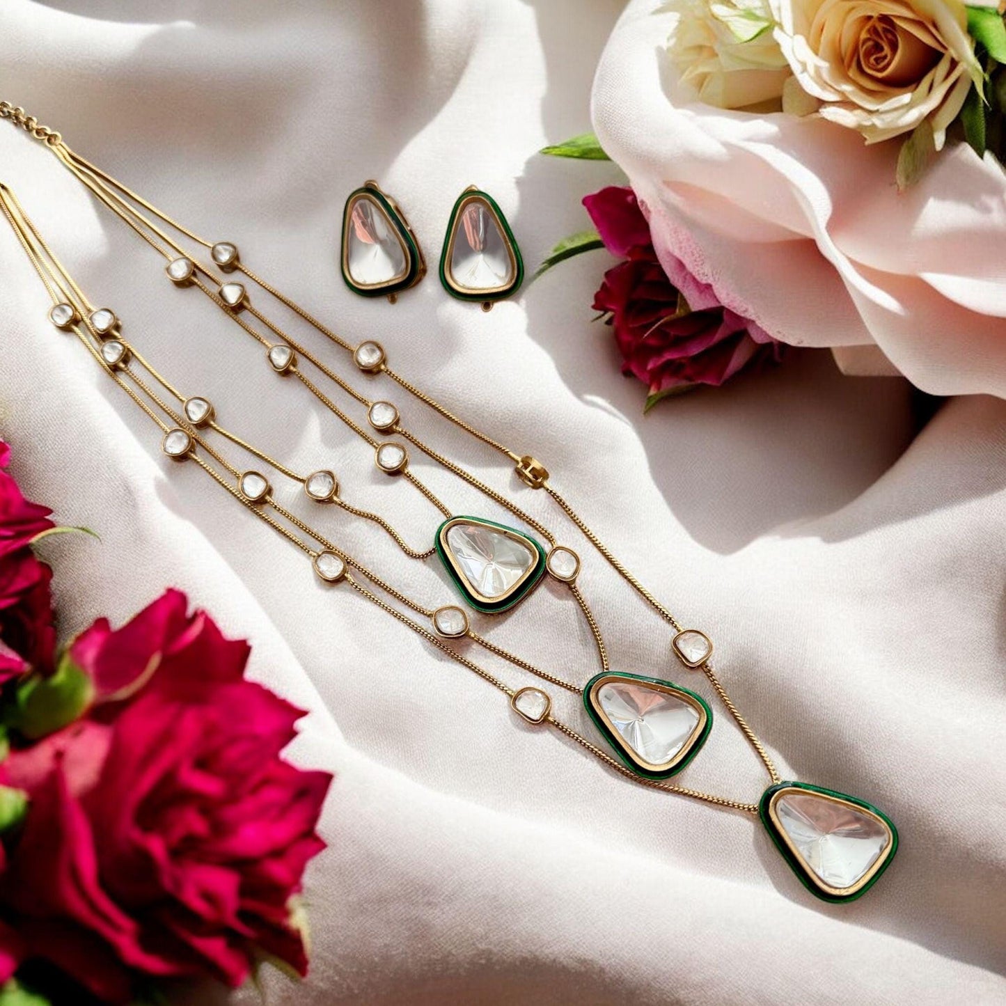 Kundan Necklace Set | Green Enamel, Gold Indian Jewelry